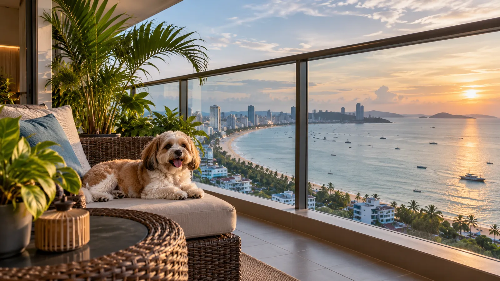 A small dog resting on a shaded condo balcony above a long sandy beach
