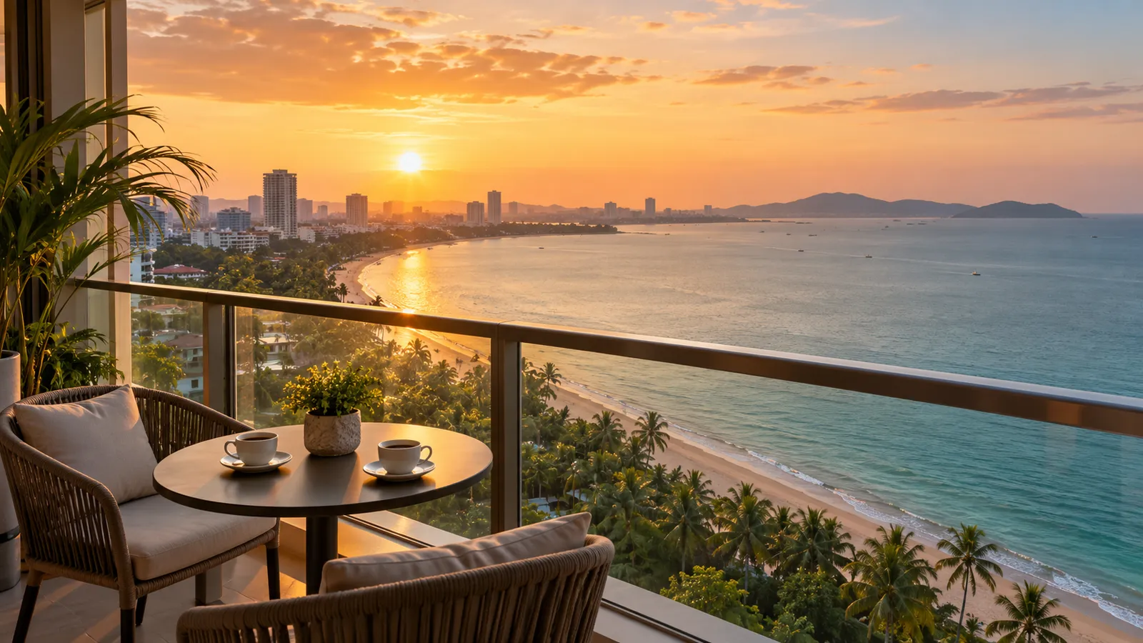 Two coffee cups on a high condo balcony above a curved, palm-lined beach at golden hour