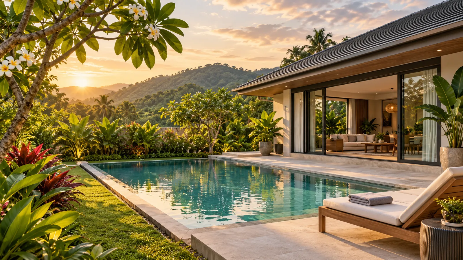 A private pool and sun lounger in a tropical villa garden with frangipani in bloom and green hills at sunset
