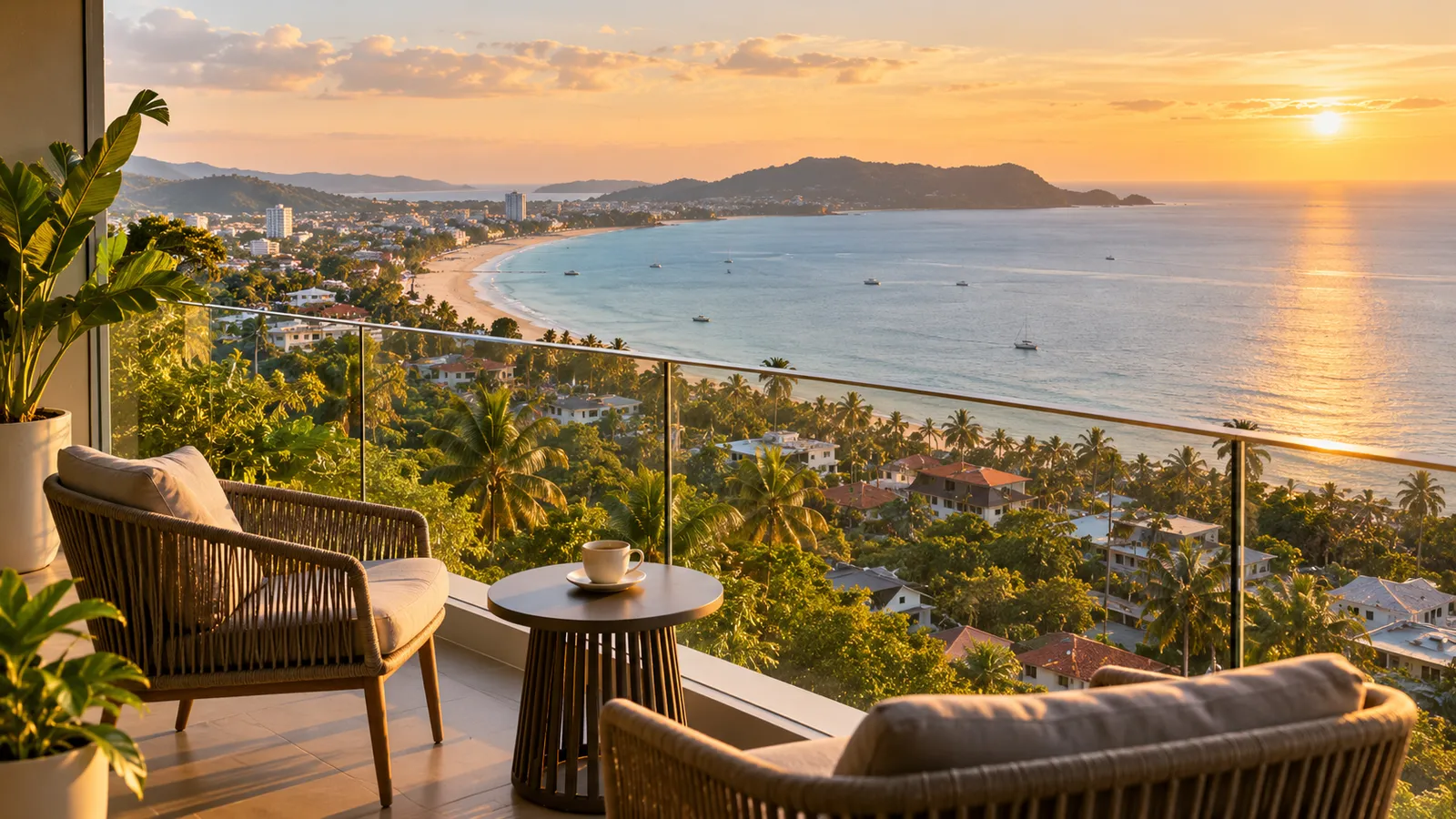 A hillside condo balcony with wicker chairs and a coffee cup, looking over palm trees to a curved beach and the bay at sunset