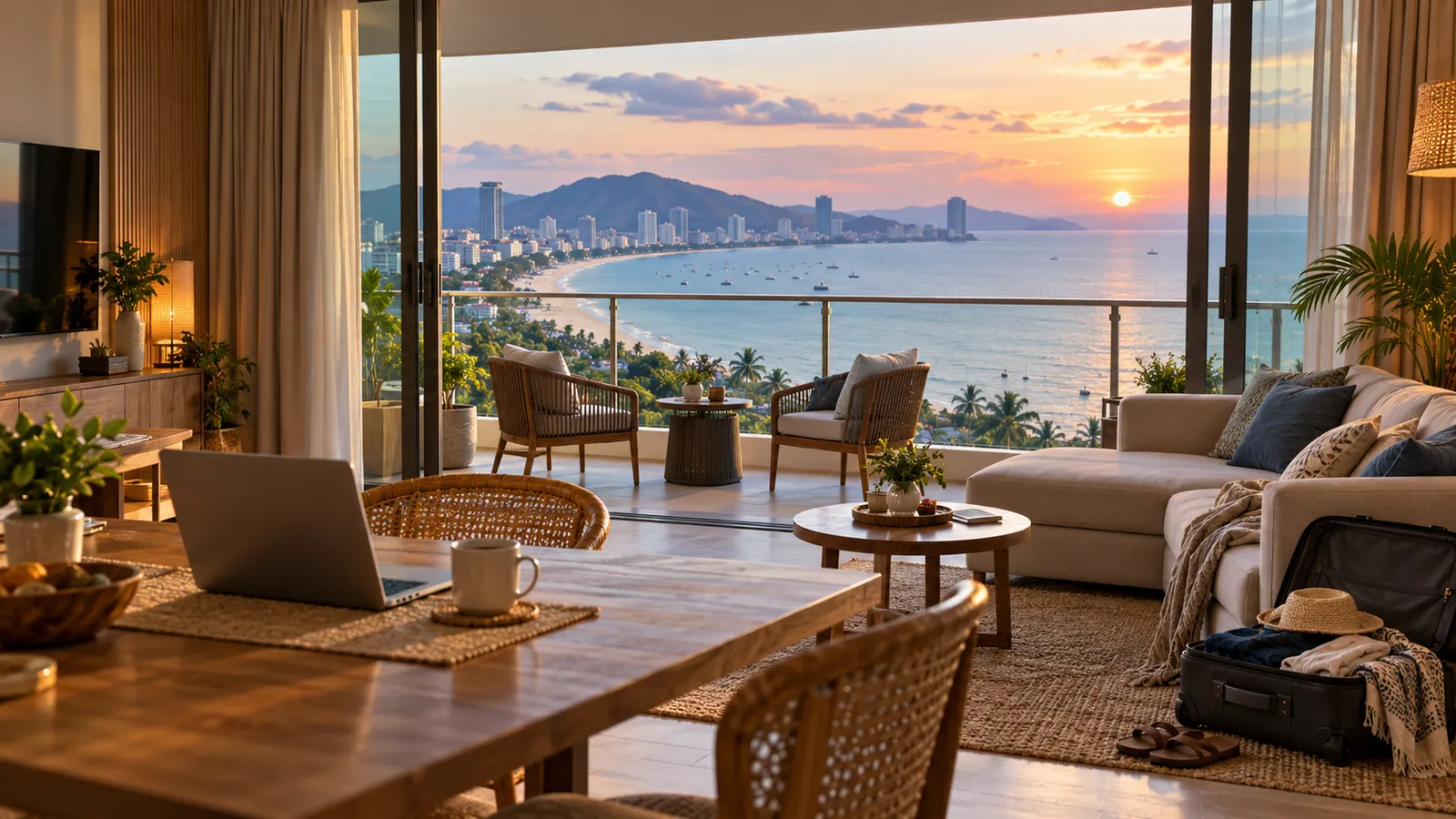 A furnished condo living room with a laptop, a coffee cup and a half-unpacked suitcase, its balcony open to a curving beach and high-rises at sunset