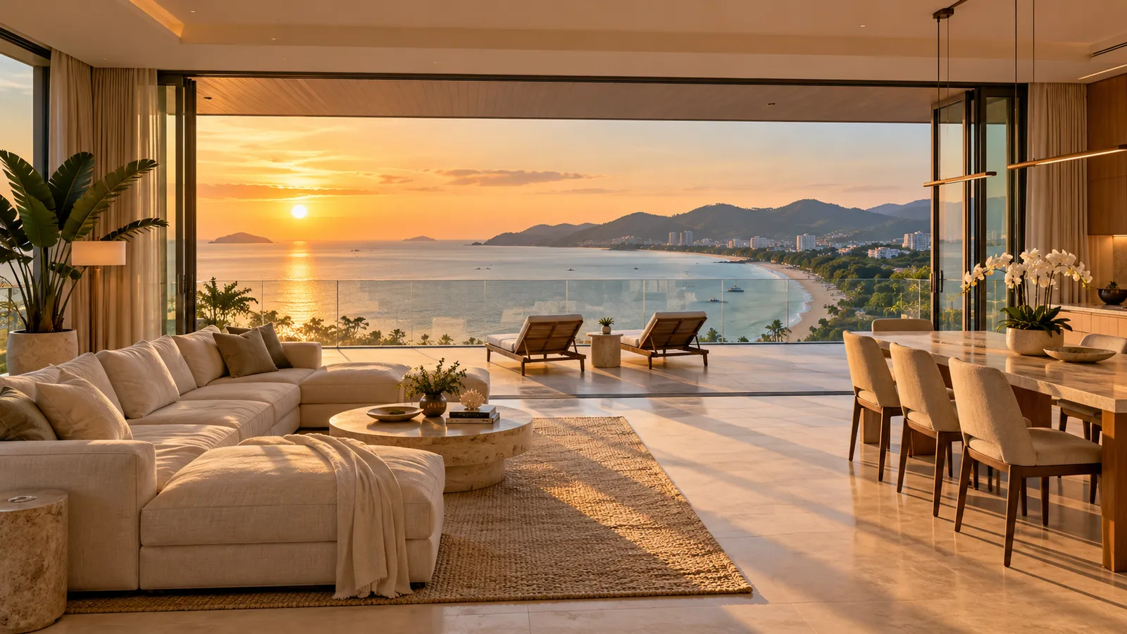 A large cream-toned condo living room with a linen sofa and an orchid-topped dining table, open to a terrace with two loungers above a curving beach at sunset