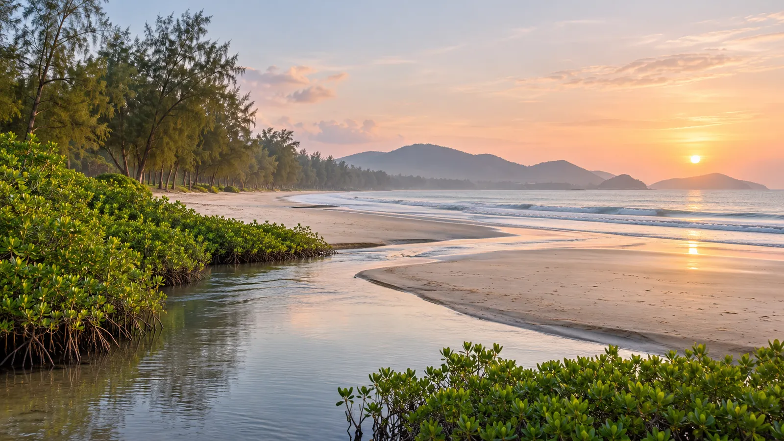 A quiet tropical beach in soft morning light, with a mangrove-lined creek running into the sea, casuarina trees along the shore and hazy hills in the distance