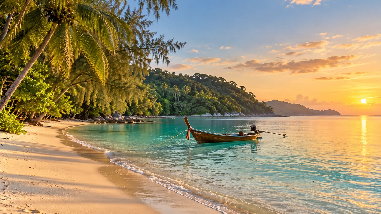 A quiet curved beach in golden light, with palm and casuarina trees leaning over the sand, a wooden longtail boat moored in calm turquoise water and a green headland beyond