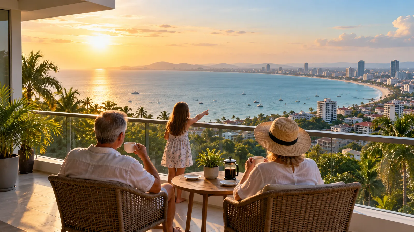 An older couple seen from behind having coffee on a hillside balcony at sunset while a young girl points at a wide curved bay lined with palm trees and city towers
