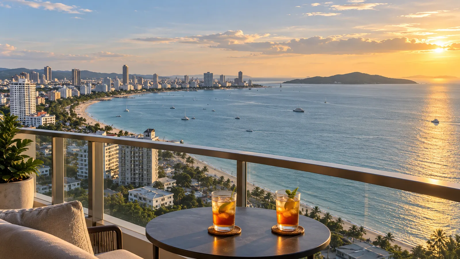 Two iced drinks on a small table on a high condo balcony at sunset, looking over a long curved beach, a city of towers along the shore, boats on a calm sea and a green island on the horizon