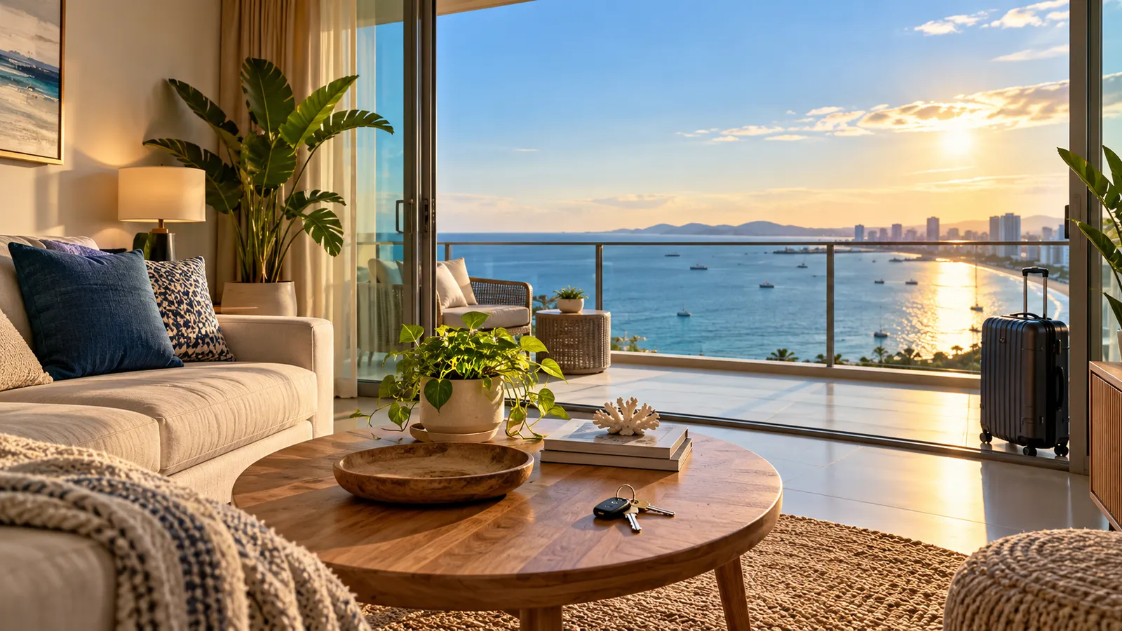 A bright furnished condo living room with open balcony doors looking over a sunlit bay and a city skyline, a set of keys on a round wooden coffee table and a suitcase waiting on the balcony