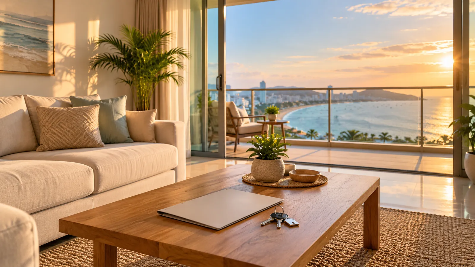 A bright furnished condo living room at sunset, with house keys and a closed folder on a wooden coffee table and glass doors open onto a balcony above a curved bay