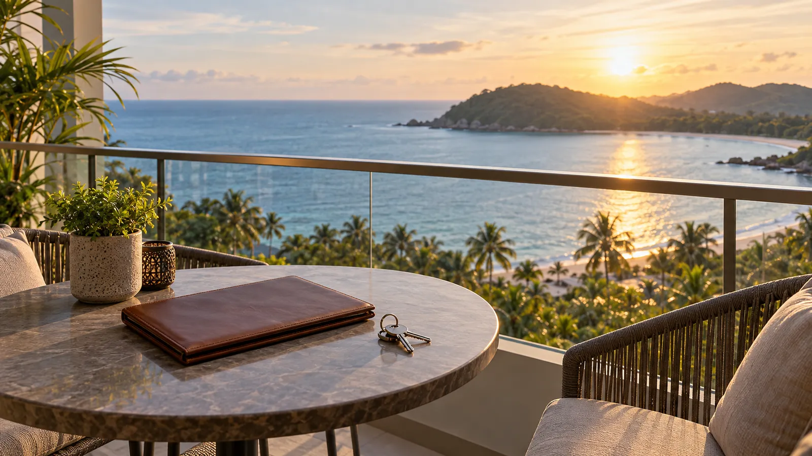 A round table on a condo balcony at sunset with a set of keys and a closed leather folder, palm trees and a calm bay with a green headland below