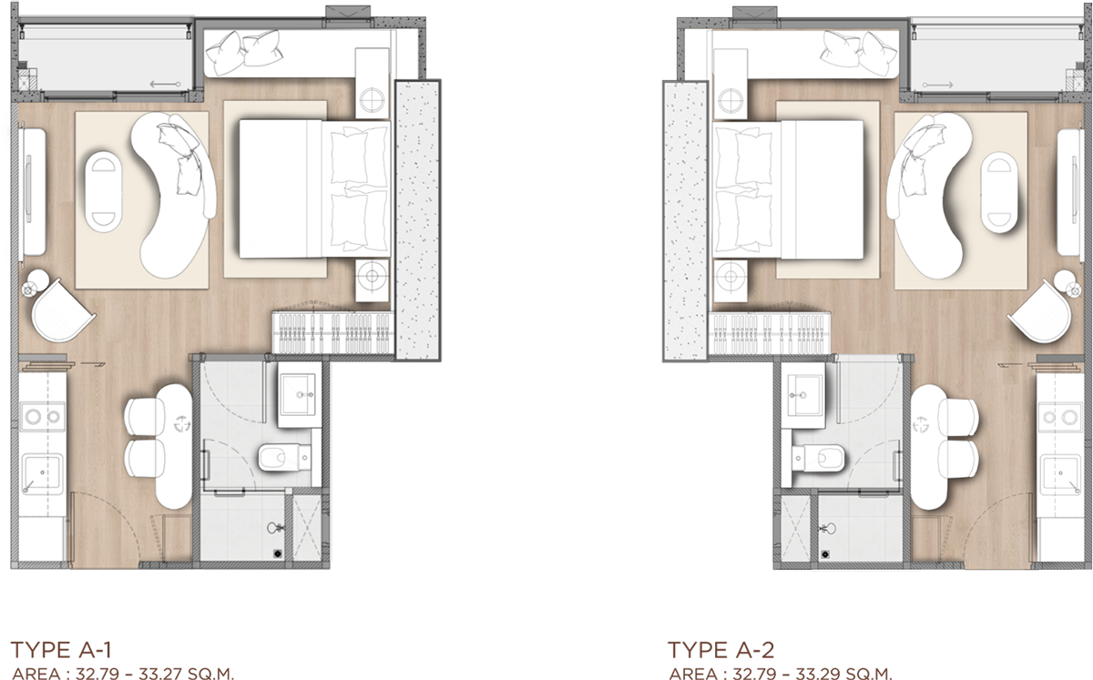 Type A — 1 bed, 1 bath, 32.79–33.27 sqm