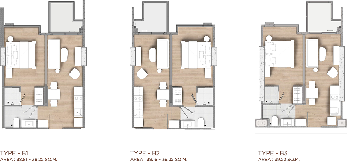 Type B — 1 bed, 1 bath, 38.81–39.22 sqm