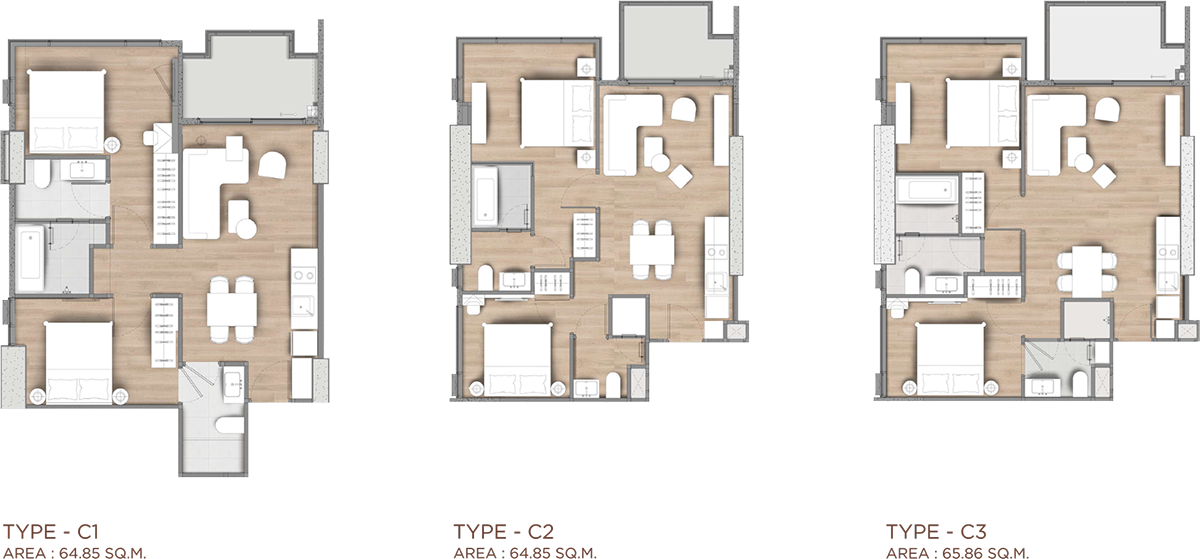 Type C — 2 bed, 2 bath, 64.85–65.86 sqm