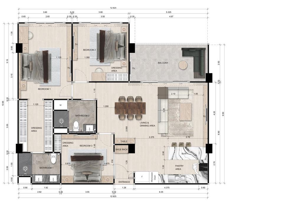 Type A — 3 bed, 2 bath (corner), ~133–134 sqm — from ฿10.9M